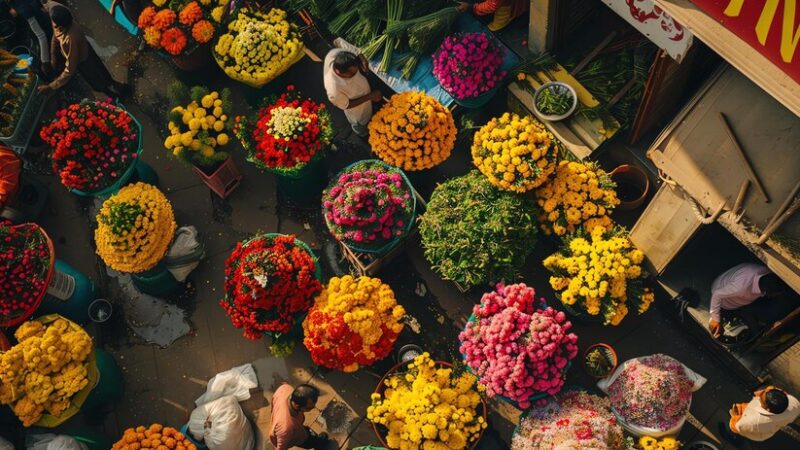 top view busy flower market with variety colorful flowers sale there are people buying selling flowers 14117 357366