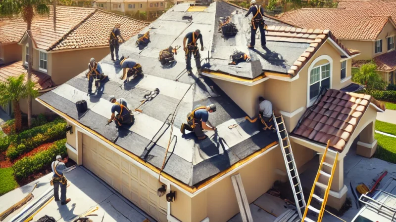 DALL·E 2024 10 02 22.08.10 A professional roofing repair scene in Orlando Florida. The image shows skilled roofers working on a house roof under a bright sunny sky. The roof i