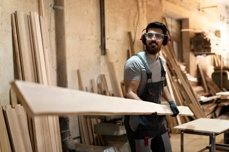 carpenter cutting mdf board inside workshop 23 2149451060